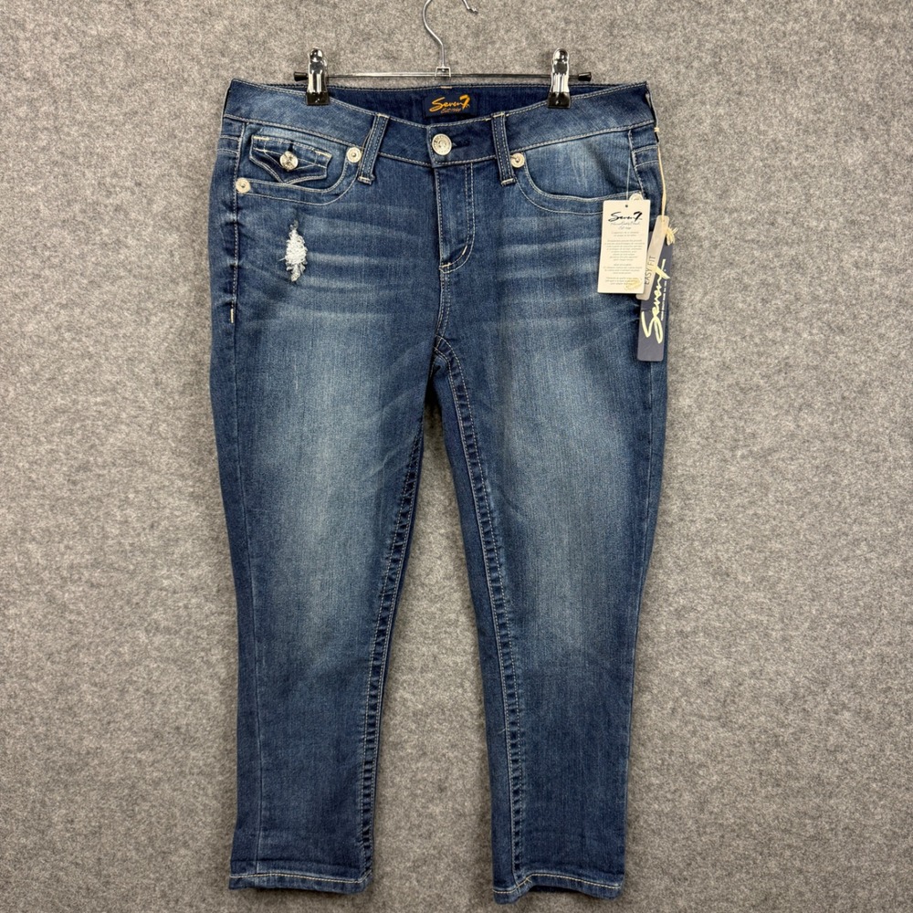 Seven7 Easy Fit Cropped Jeans Womens 6 Medium Wash Distressed Capris MM2088FK